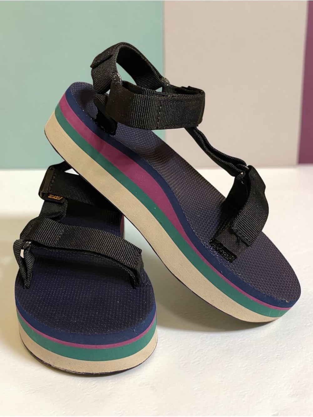 Teva Black Strappy Platform Sandals with Navy, Teal & Pink Accents